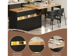 Mesa de bar extensible - 120/180 x 75,8 cm - con LED + 3 puertas - Rotación 360° - MDF - Negro