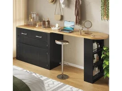 Mesa de bar extensible con espacio de almacenamiento, moderna y desmontable, con un cajón y dos estantes, mesa de comedor para isla de cocina, negra