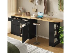 Mesa de bar extensible con espacio de almacenamiento, moderna y desmontable, con un cajón y dos estantes, mesa de comedor para isla de cocina, negra