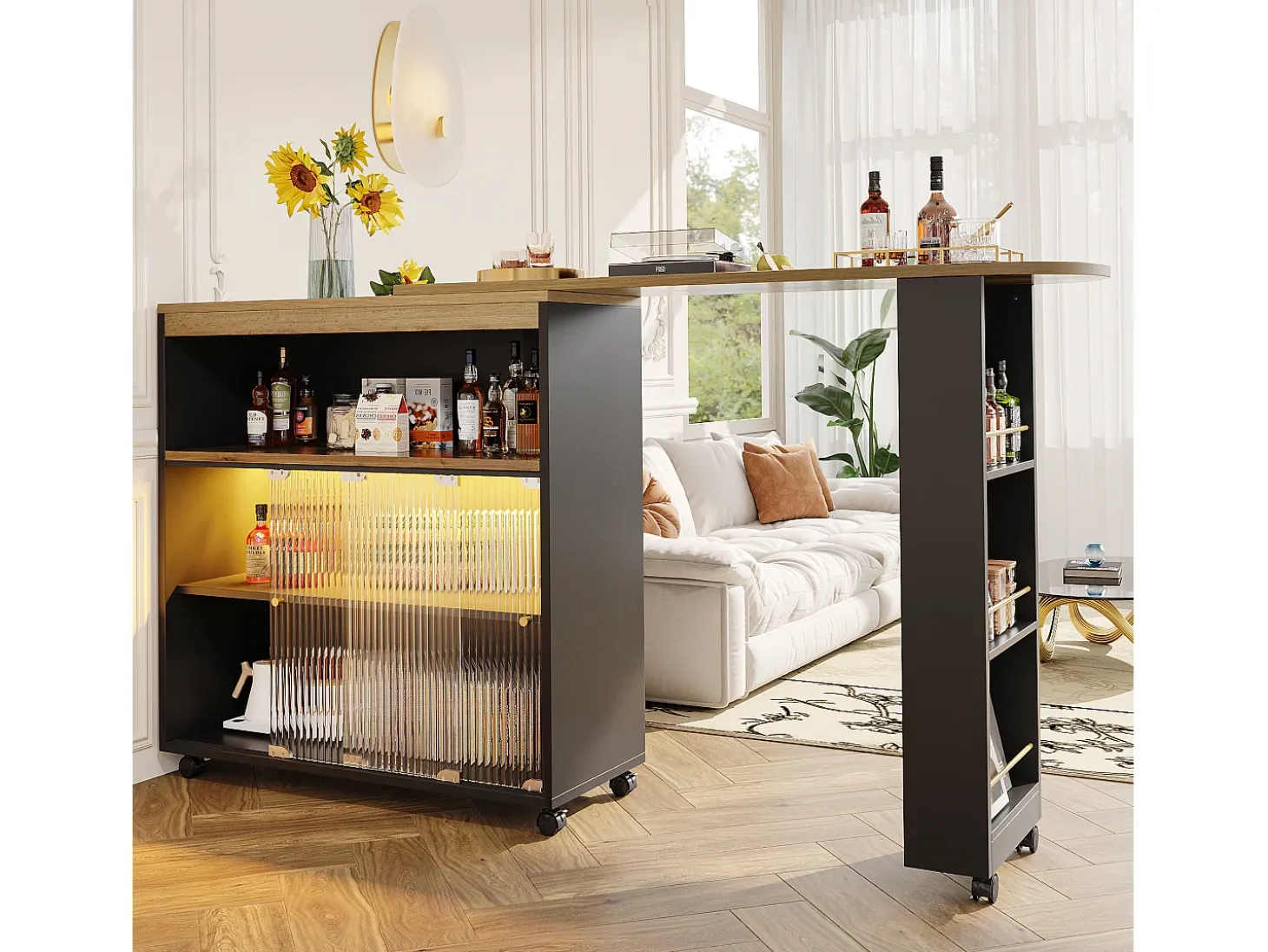 Mesa de bar extensible con espacio de almacenamiento, diseño moderno, MDF, color negro, con LED y ruedas (138-204 x 39 x 105 cm)