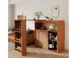 Mesa de bar extensible con tejido de ratán, estantes ajustables y almacenamiento (138-193x39x104cm)