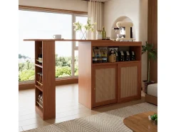 Mesa de bar extensible con tejido de ratán, estantes ajustables y almacenamiento (138-193x39x104cm)