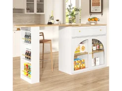 Mesa de bar extensible con espacio de almacenamiento, giratoria 360°, MDF, blanca (138-204x39x104 cm)