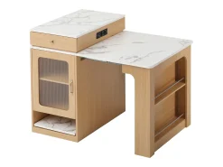 Mesa de bar extensible con tablero desmontable - 80 x 71/111/151 x 92 cm - con puerta + cajón - MDF + cristal - natural