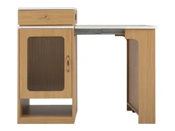 Mesa de bar extensible con tablero desmontable - 80 x 71/111/151 x 92 cm - con puerta + cajón - MDF + cristal - natural