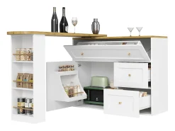 Mesa de bar extensible con rango, mesa alta, con étagère à snacks, diseño moderno, MDF, metal, blanco (138-204x39x105 cm)