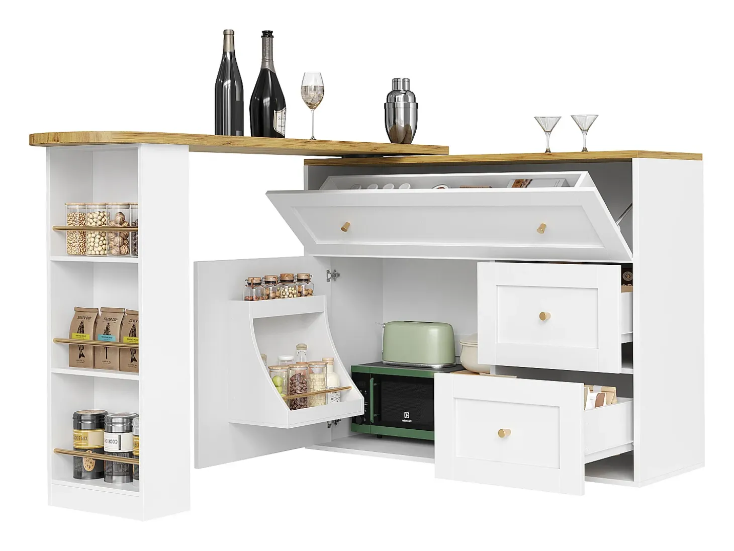 Mesa de bar extensible con rango, mesa alta, con étagère à snacks, diseño moderno, MDF, metal, blanco (138-204x39x105 cm)