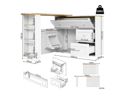 Mesa de bar extensible con rango, mesa alta, con étagère à snacks, diseño moderno, MDF, metal, blanco (138-204x39x105 cm)