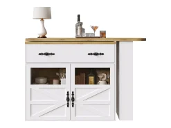 Mesa de bar extensible, giratoria 360°, espacio de almacenamiento, MDF, blanca (138-204x39x104 cm)