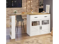 Mesa de bar extensible, giratoria 360°, espacio de almacenamiento, MDF, blanca (138-204x39x104 cm)