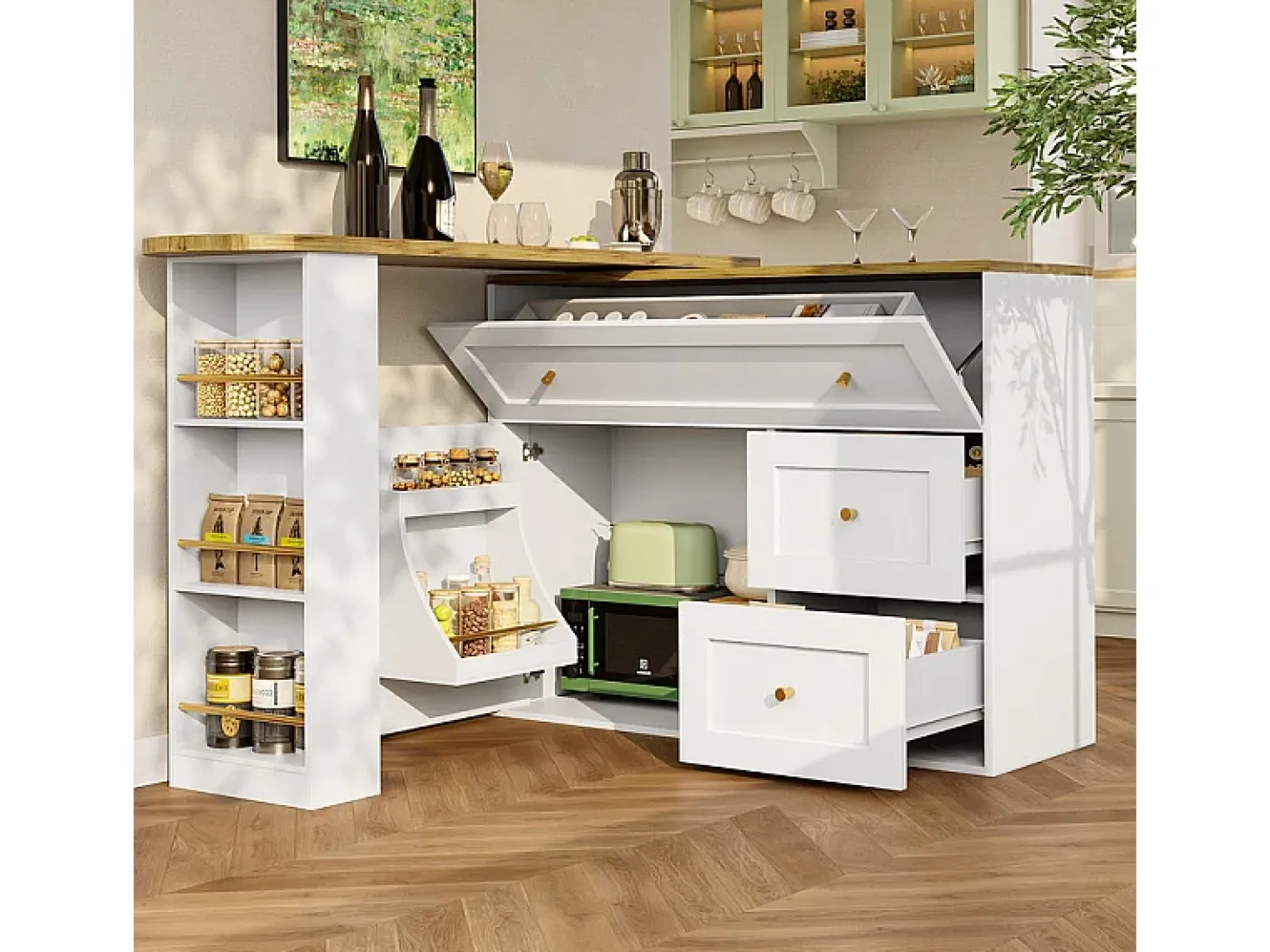 Mesa de Bar extensible giratoria - con 2 puertas, 2 cajones y 3 nichos - MDF - 138/204×39×105cm - Blanco