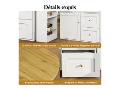 Mesa de Bar extensible giratoria - con 2 puertas, 2 cajones y 3 nichos - MDF - 138/204×39×105cm - Blanco