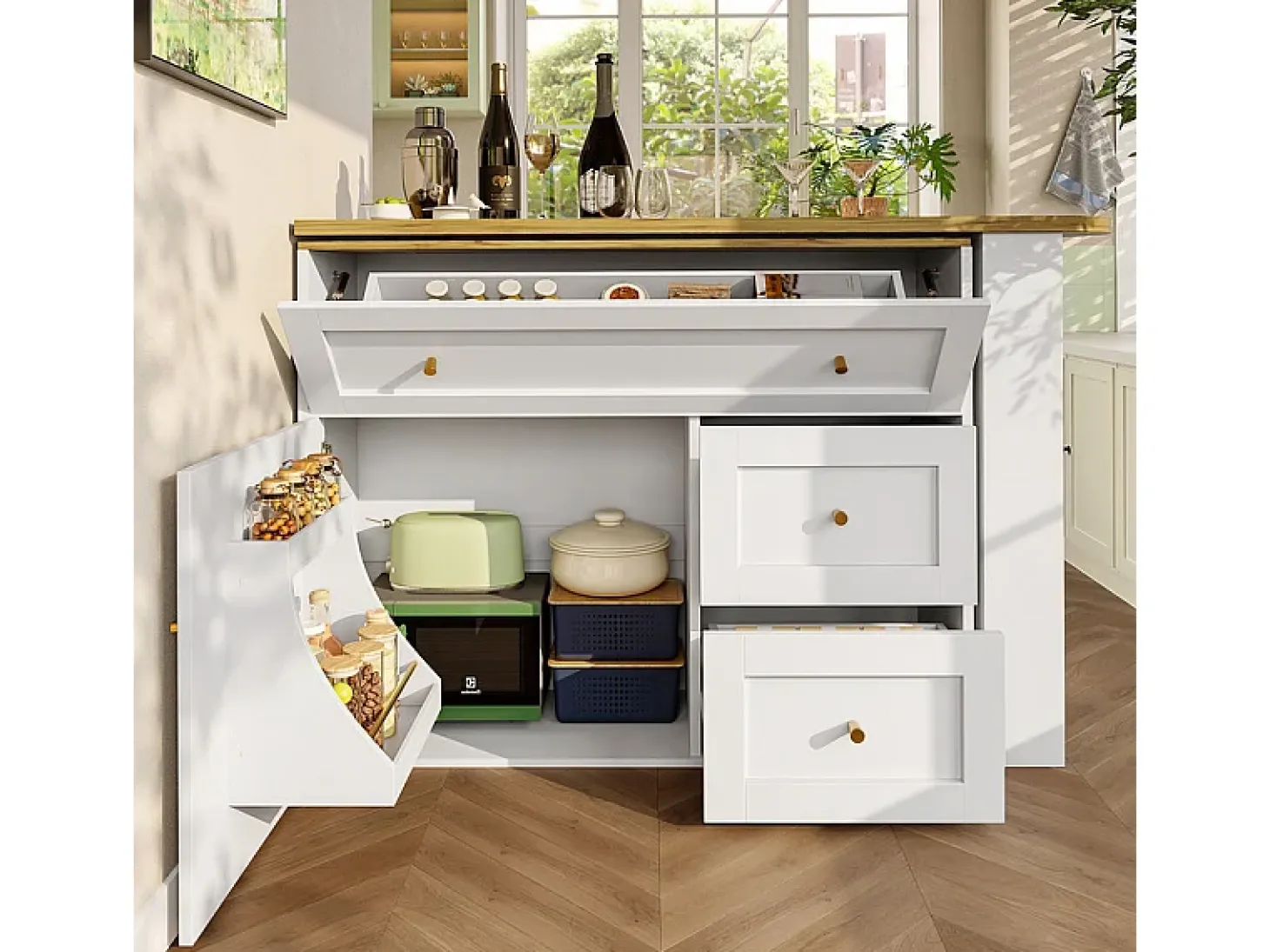 Mesa de Bar extensible giratoria - con 2 puertas, 2 cajones y 3 nichos - MDF - 138/204×39×105cm - Blanco