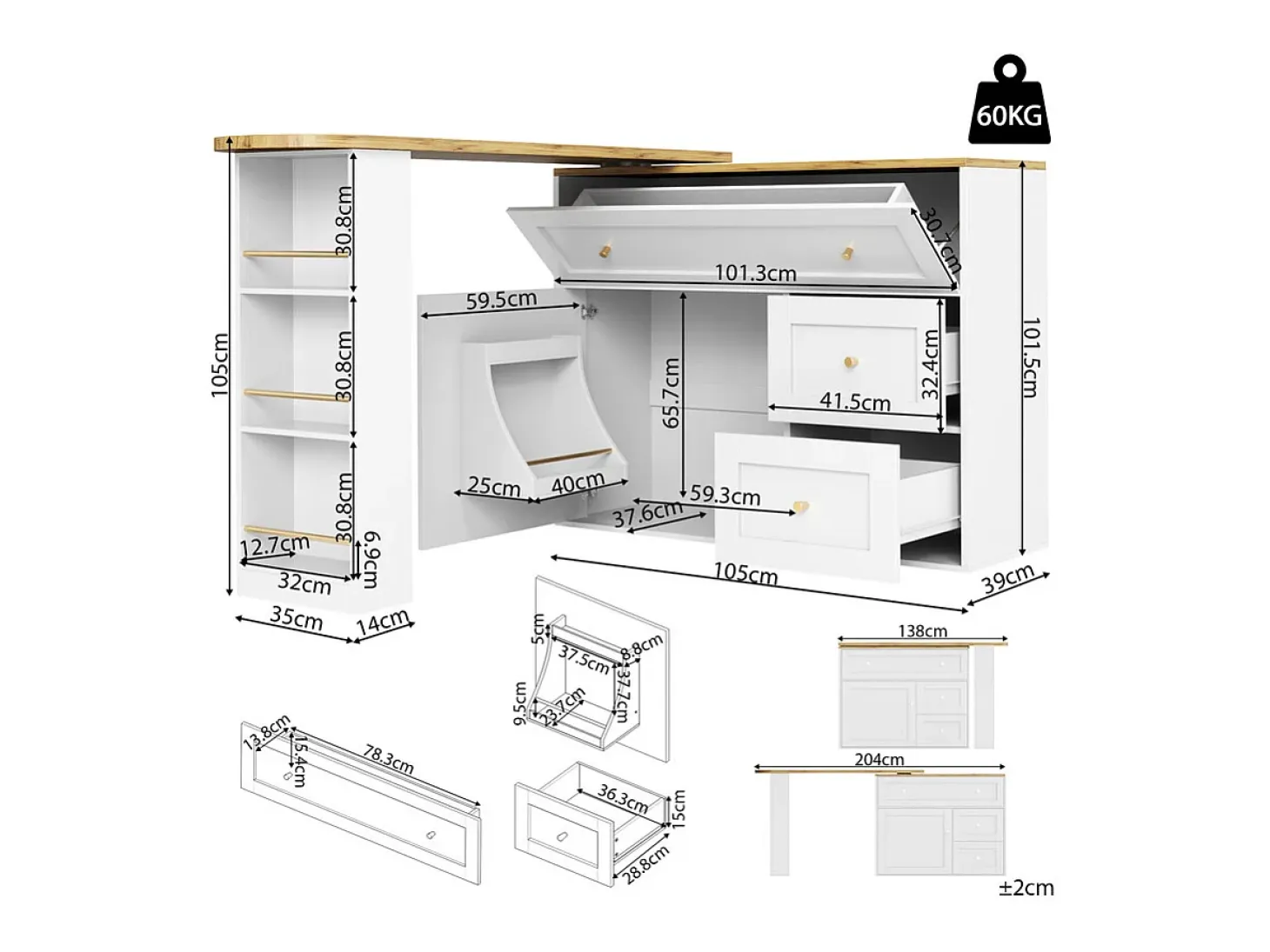 Mesa de Bar extensible giratoria - con 2 puertas, 2 cajones y 3 nichos - MDF - 138/204×39×105cm - Blanco