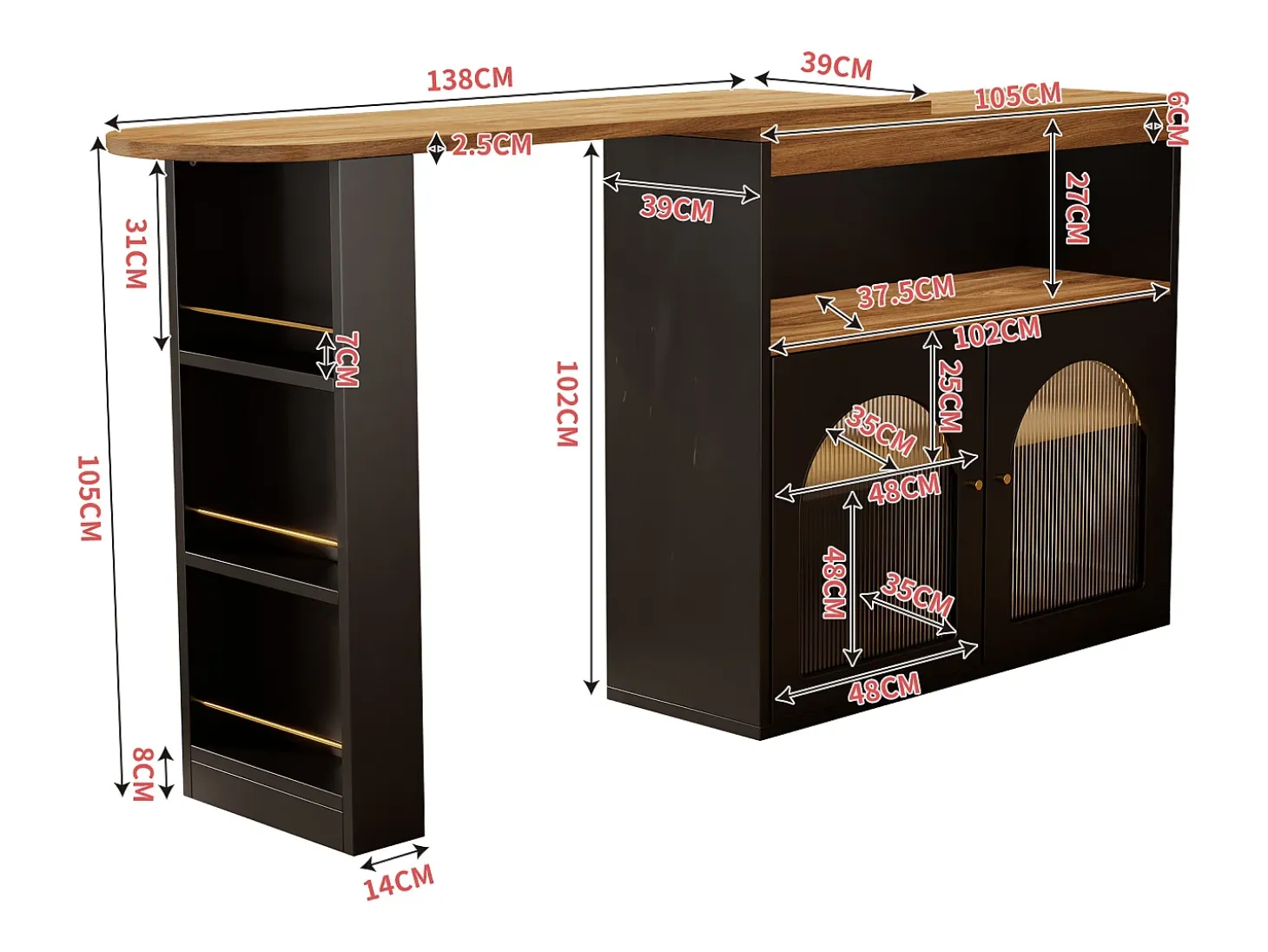 Mesa de bar extensible moderna con espacio de almacenamiento, 138-193 x 39 x 105 cm, con luz LED (color ajustable), color negro