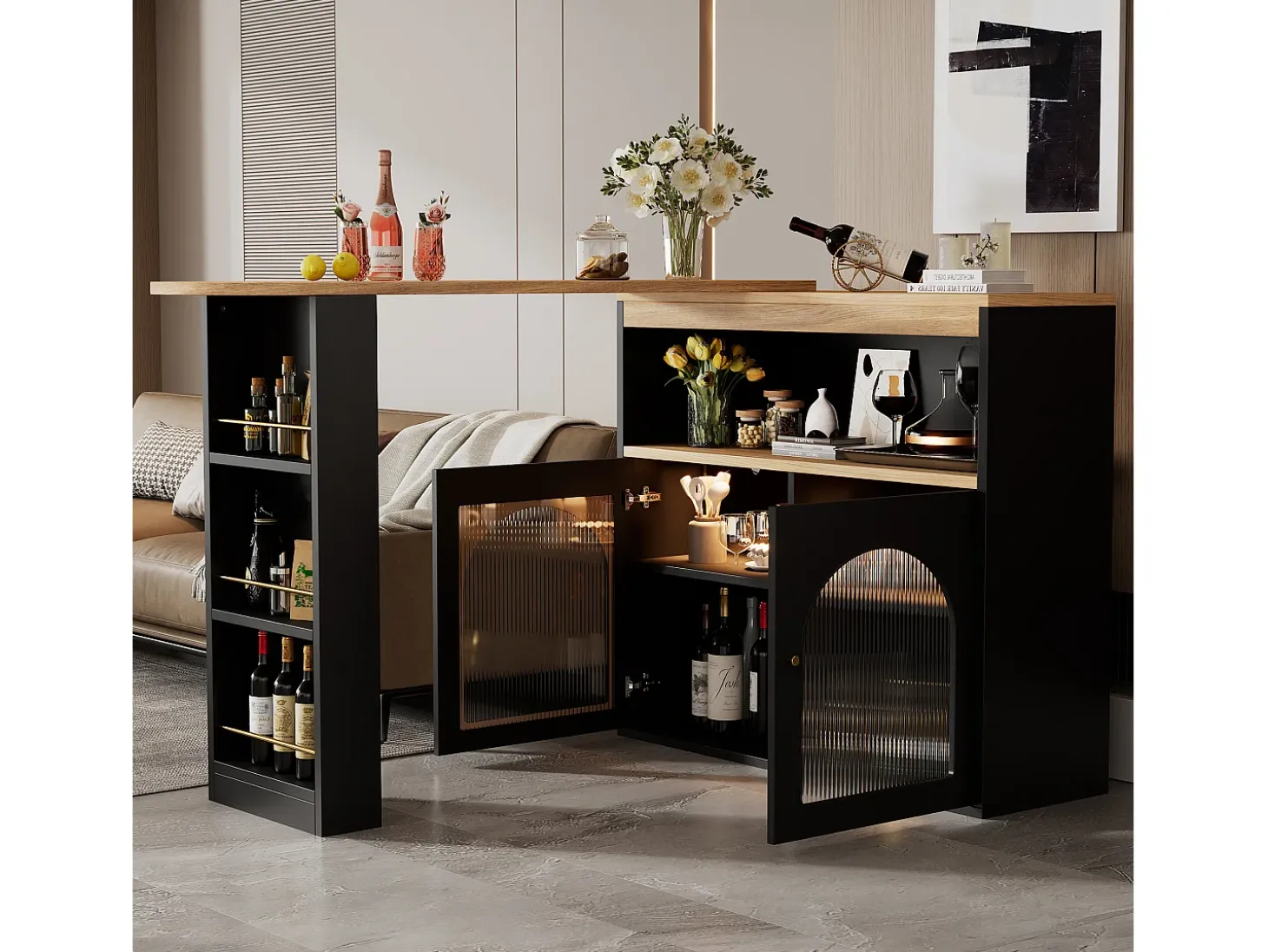 Mesa de bar extensible moderna con espacio de almacenamiento, 138-193 x 39 x 105 cm, con luz LED (color ajustable), color negro