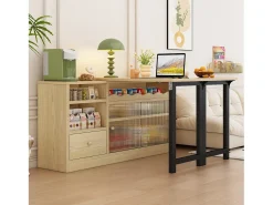 Mesa de bar extensible y plegable, mesa de comedor con cajón y dos puertas correderas de cristal, color natural