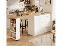 Mesa de bar giratoria 360° - 128/203 x 39 x 90 cm - con estantes + 3 cajones + puerta - MDF + metal - blanca