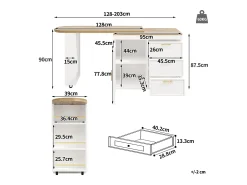 Mesa de bar giratoria 360° - 128/203 x 39 x 90 cm - con estantes + 3 cajones + puerta - MDF + metal - blanca