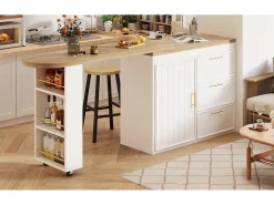 Mesa de bar giratoria 360° - 128/203 x 39 x 90 cm - con estantes + 3 cajones + puerta - MDF + metal - blanca