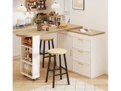Mesa de bar giratoria 360° - 128/203 x 39 x 90 cm - con estantes + 3 cajones + puerta - MDF + metal - blanca