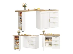 Mesa de bar giratoria 360° - 128/203 x 39 x 90 cm - con estantes + 3 cajones + puerta - MDF + metal - blanca