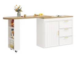 Mesa de bar giratoria 360° - 128/203 x 39 x 90 cm - con estantes + 3 cajones + puerta - MDF + metal - blanca