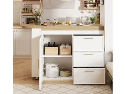 Mesa de bar giratoria 360° - 128/203 x 39 x 90 cm - con estantes + 3 cajones + puerta - MDF + metal - blanca