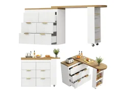 Mesa de bar giratoria 360° - 128/203 x 39 x 90 cm - con estantes + 6 cajones - MDF + metal - blanca