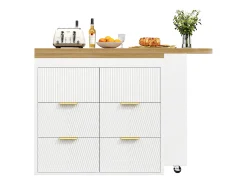 Mesa de bar giratoria 360° - 128/203 x 39 x 90 cm - con estantes + 6 cajones - MDF + metal - blanca