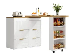 Mesa de bar giratoria 360° - 128/203 x 39 x 90 cm - con estantes + 6 cajones - MDF + metal - blanca