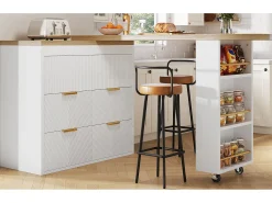 Mesa de bar giratoria 360° - 128/203 x 39 x 90 cm - con estantes + 6 cajones - MDF + metal - blanca