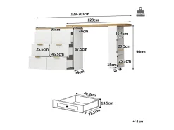 Mesa de bar giratoria 360° - 128/203 x 39 x 90 cm - con estantes + 6 cajones - MDF + metal - blanca