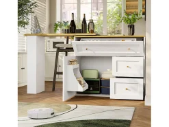 Mesa de bar giratoria con 1 puerta y 2 cajones, espacio de almacenamiento tipo buffet con tablero extensible (138-204)×39×105 cm - blanco