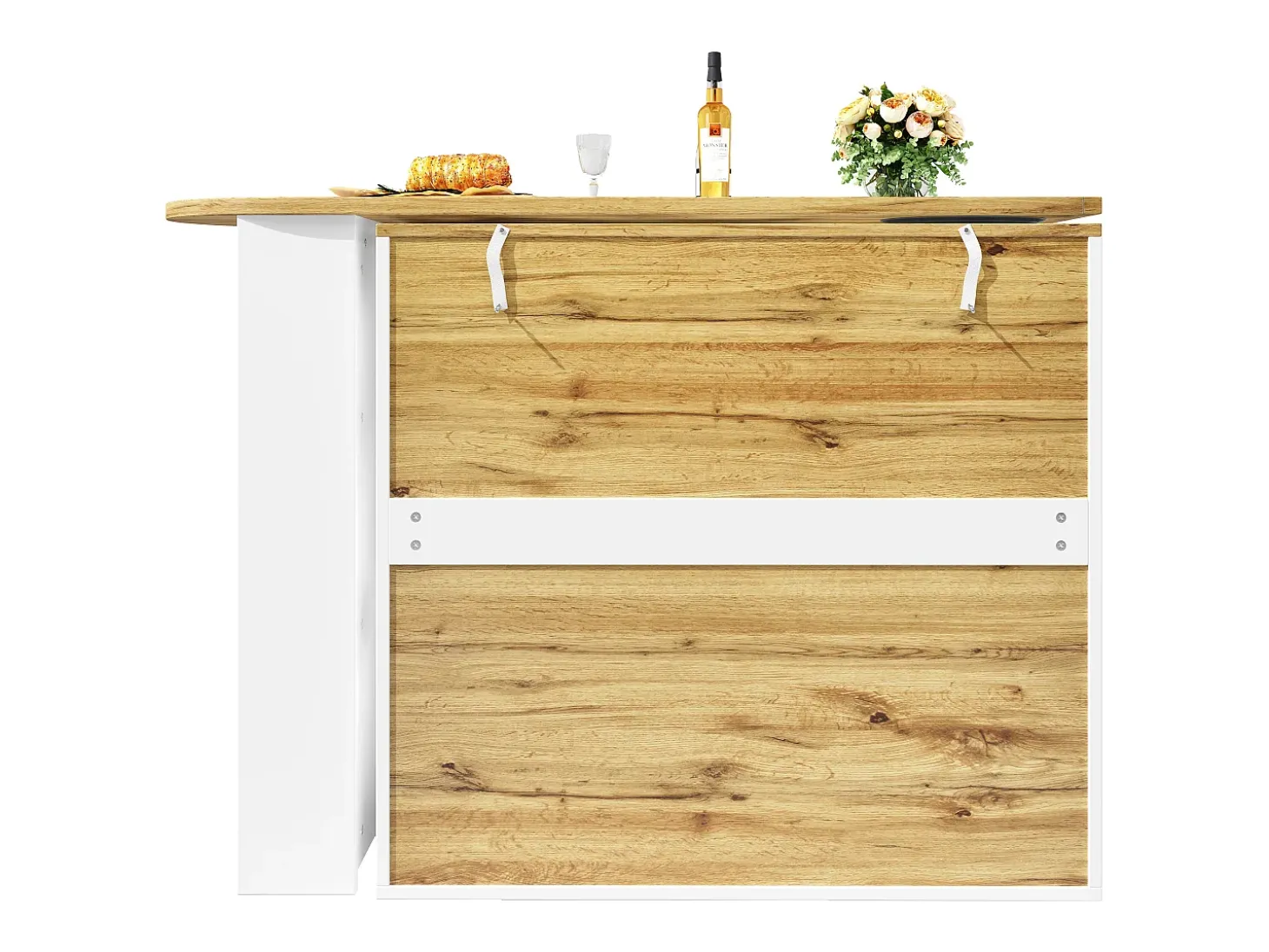 Mesa de bar giratoria con 3 puertas, isla de cocina con almacenaje - tablero extensible (138-204)x39x102 cm - blanco