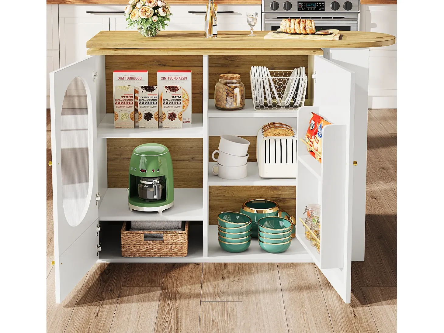 Mesa de bar giratoria con 3 puertas, isla de cocina con almacenaje - tablero extensible (138-204)x39x102 cm - blanco