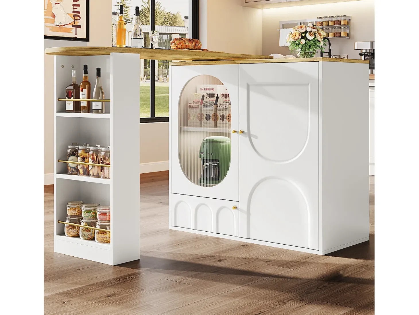 Mesa de bar giratoria con 3 puertas, isla de cocina con almacenaje - tablero extensible (138-204)x39x102 cm - blanco