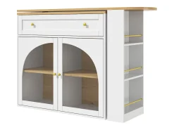Mesa de bar giratoria con 2 puertas y 1 cajón Isla de cocina con tablero extensible (138-204)x39x104 cm - almacenaje abierto - blanco