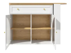 Mesa de bar giratoria con 2 puertas y 1 cajón Isla de cocina con tablero extensible (138-204)x39x104 cm - almacenaje abierto - blanco