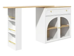 Mesa de bar giratoria con 2 puertas y 1 cajón Isla de cocina con tablero extensible (138-204)x39x104 cm - almacenaje abierto - blanco