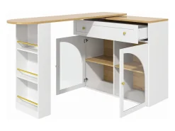 Mesa de bar giratoria con 2 puertas y 1 cajón Isla de cocina con tablero extensible (138-204)x39x104 cm - almacenaje abierto - blanco