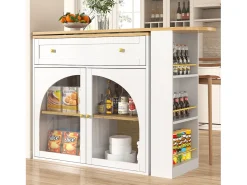 Mesa de bar giratoria con 2 puertas y 1 cajón Isla de cocina con tablero extensible (138-204)x39x104 cm - almacenaje abierto - blanco