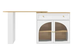 Mesa de bar giratoria con 2 puertas y 1 cajón Isla de cocina con tablero extensible (138-204)x39x104 cm - almacenaje abierto - blanco
