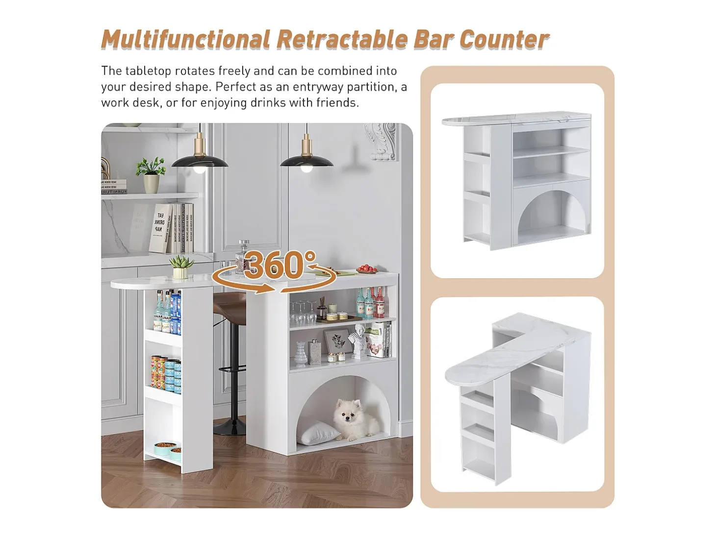 Mesa de bar giratoria con espacio de almacenamiento y para mascotas - Tapa efecto mármol - Blanco