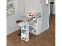 Mesa de bar giratoria con espacio de almacenamiento y para mascotas - Tapa efecto mármol - Blanco