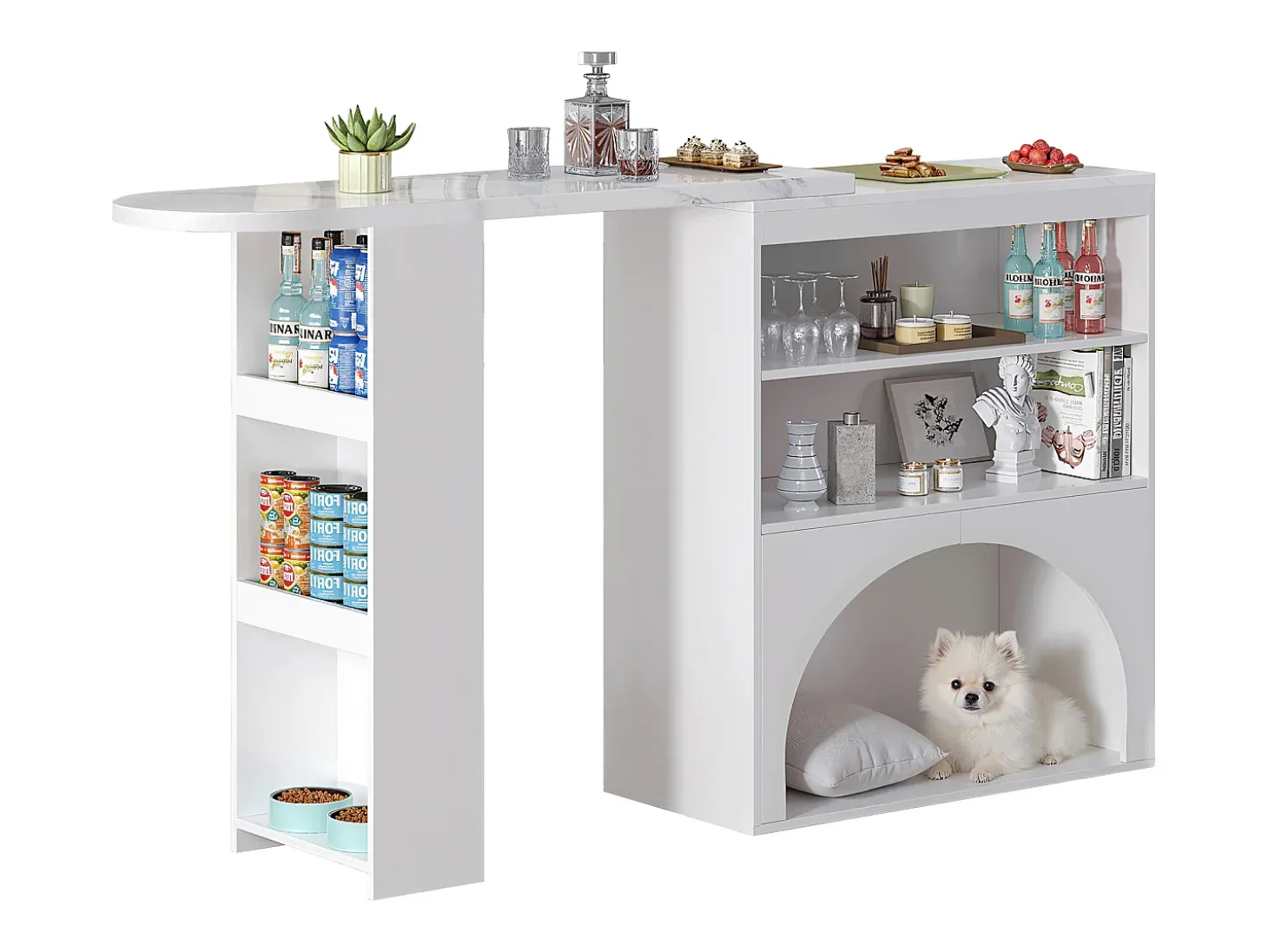 Mesa de bar giratoria con espacio de almacenamiento y para mascotas - Tapa efecto mármol - Blanco