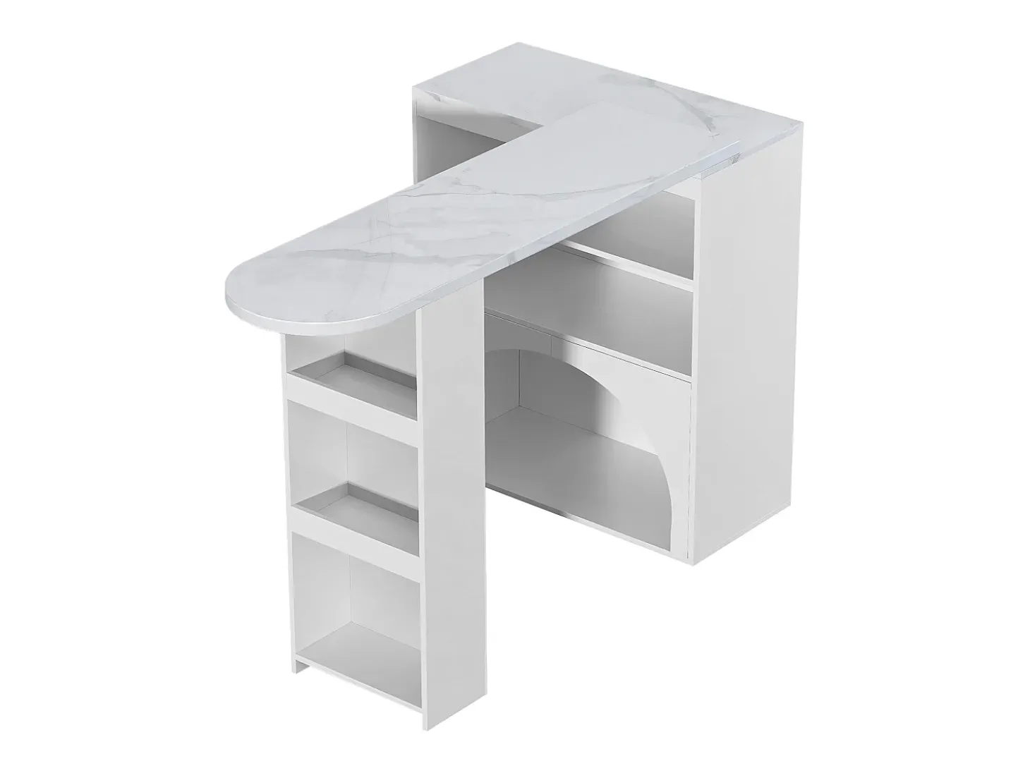 Mesa de bar giratoria con espacio de almacenamiento y para mascotas - Tapa efecto mármol - Blanco