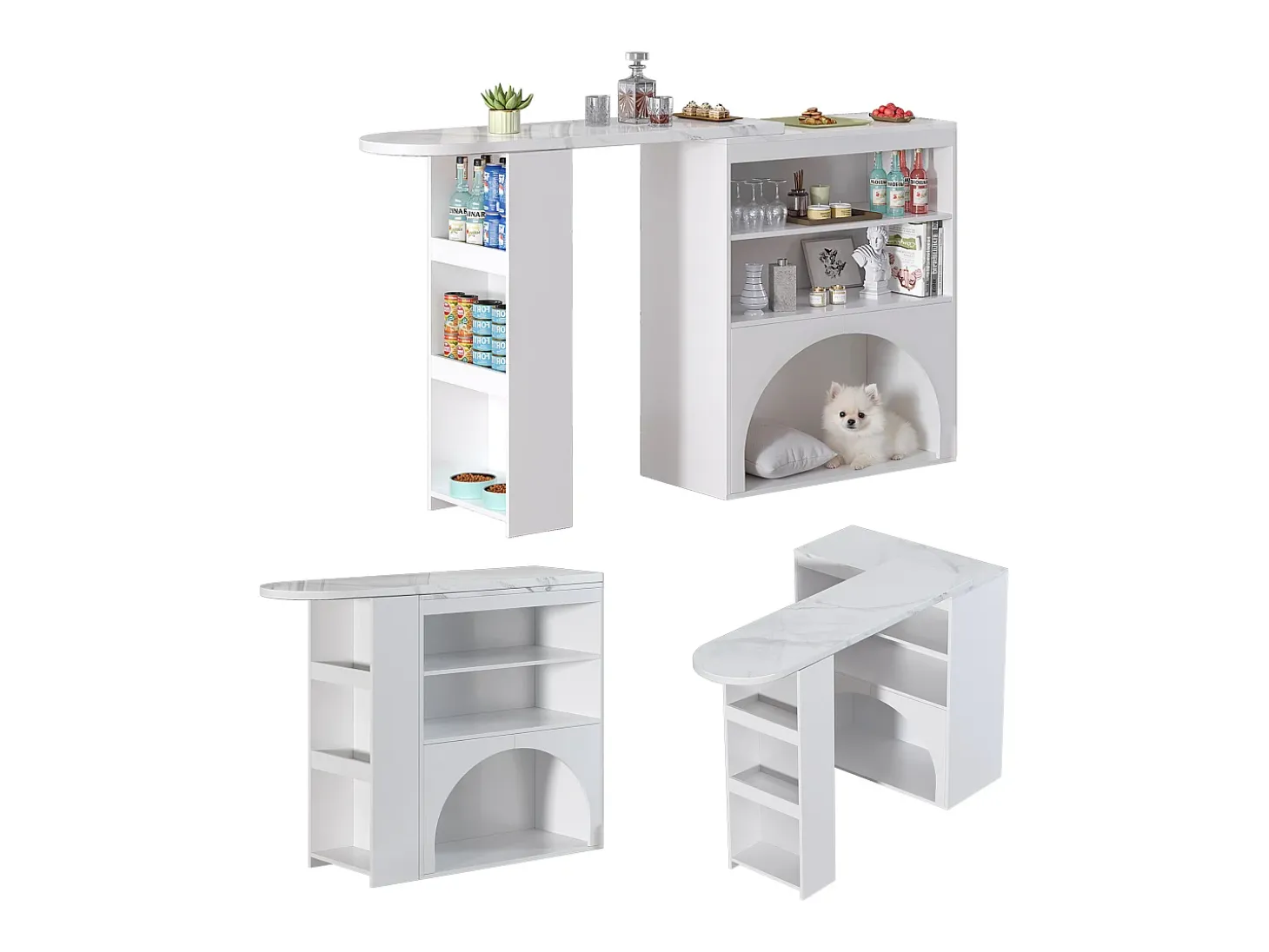 Mesa de bar giratoria con espacio de almacenamiento y para mascotas - Tapa efecto mármol - Blanco