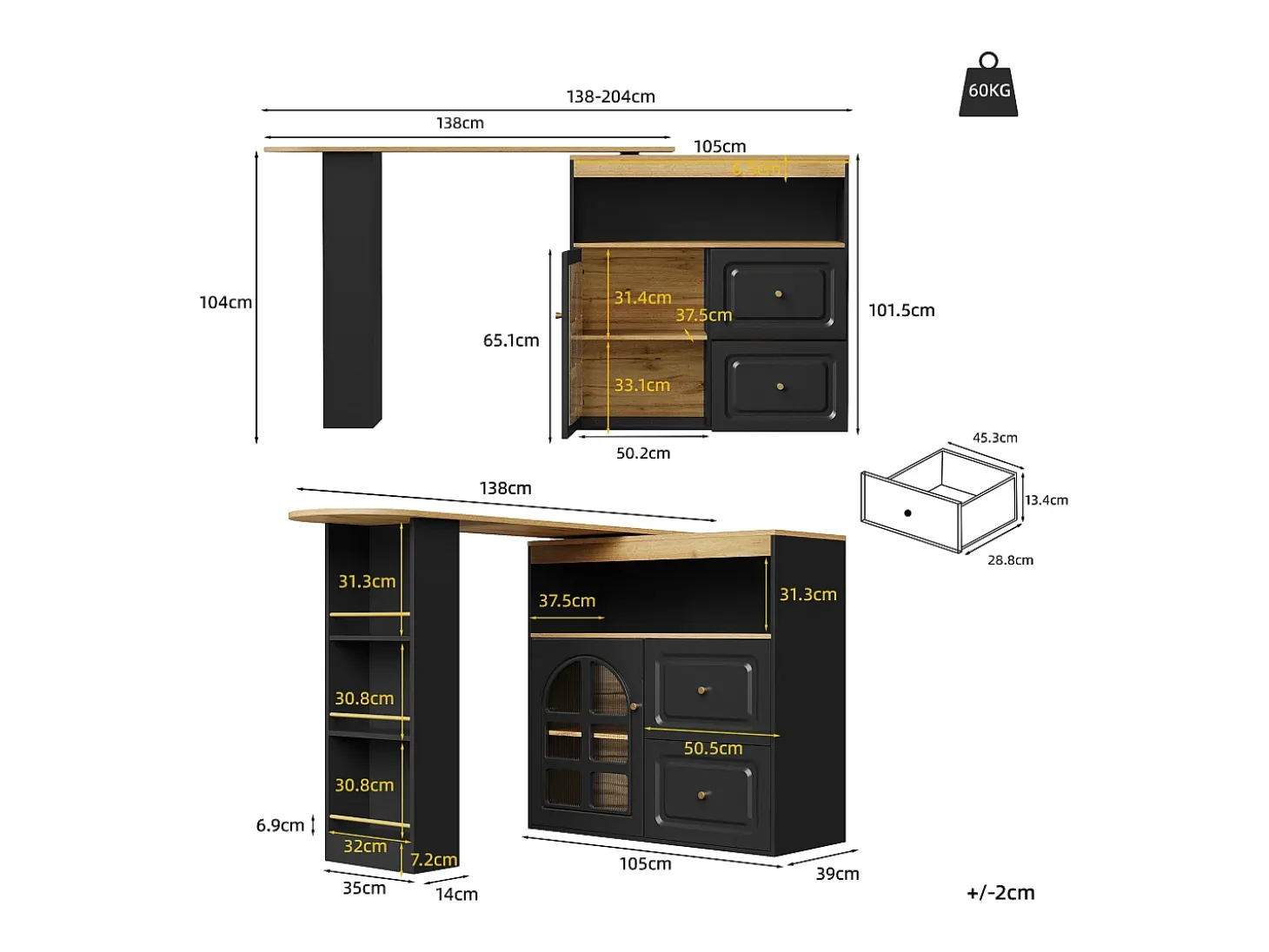 Mesa de bar giratoria de madera con 1 puerta de cristal y 2 cajones, aparador con almacenaje (138-204) x 39 x 104 cm - negro