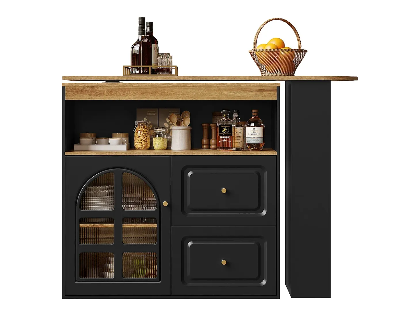 Mesa de bar giratoria de madera con 1 puerta de cristal y 2 cajones, aparador con almacenaje (138-204) x 39 x 104 cm - negro